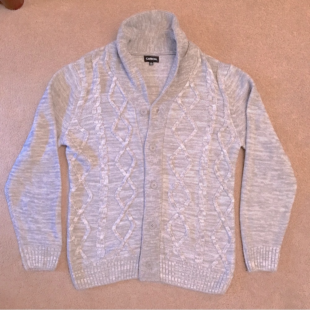 Carbon Cozy Cardigan Sweater Size XXL Grey White Button Down Shawl Collar